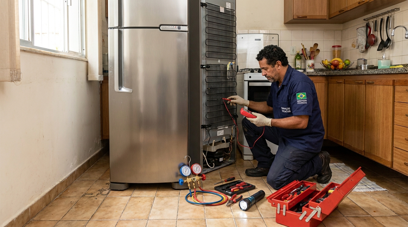 Técnico realizando manutenção de motor de geladeira em Cotijuba, Belém‑PA