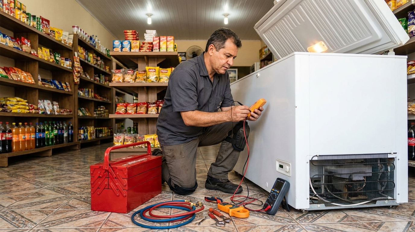 Recarga de gás refrigerante em freezer em atendimento na Utinga, Belém‑PA