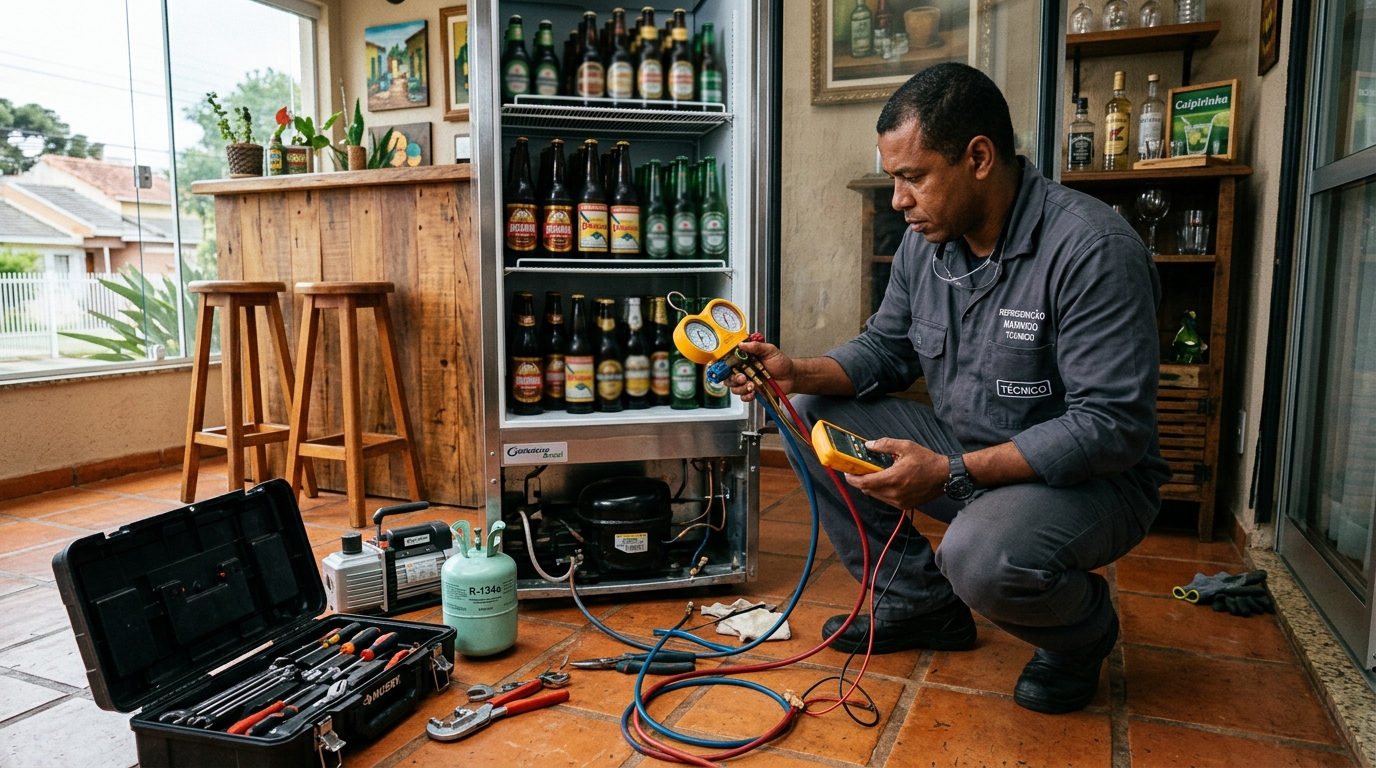 Técnico de conserto de cervejeira em residência na Utinga, Belém‑PA