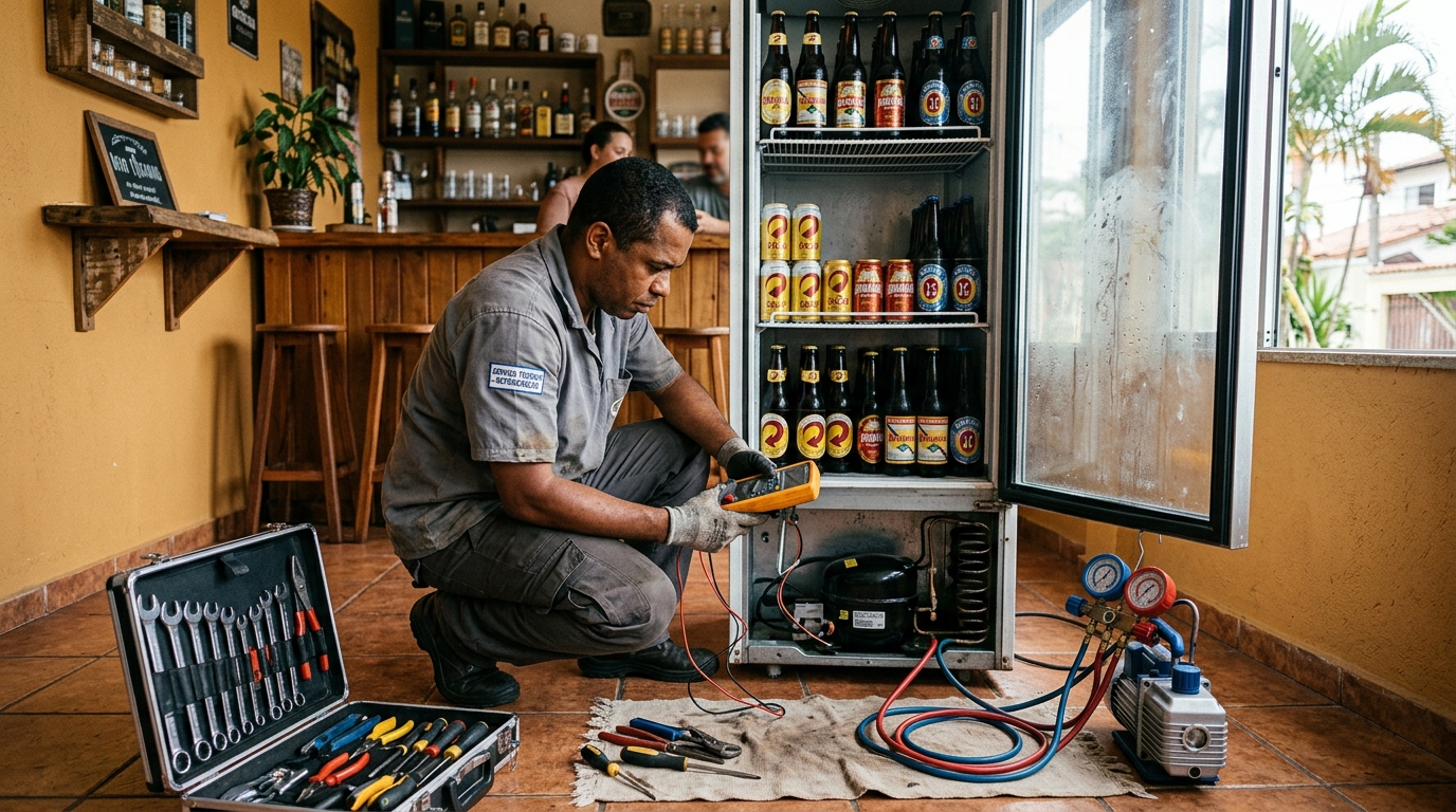 Troca de termostato de cervejeira em atendimento técnico na Utinga, Belém‑PA