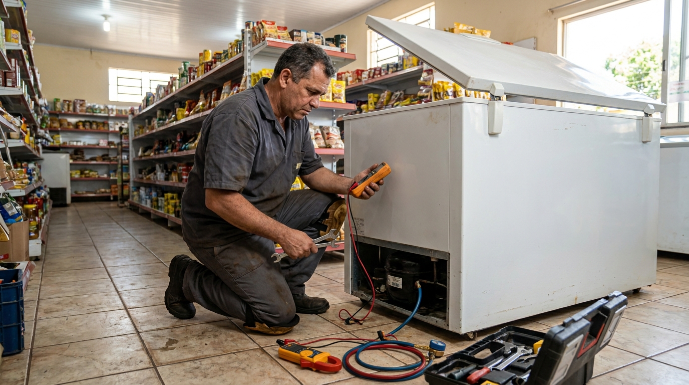 Troca de termostato de freezer em atendimento técnico na Utinga, Belém‑PA